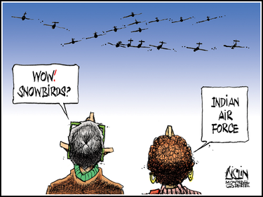 Cartoon of two people looking up at approaching planes. One asks "Wow! Snowbirds?" The other responds "Indian Air Force"