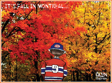 A cartoon of a hockey player staring at colourful leaves, captioned It's fall in Montreal.