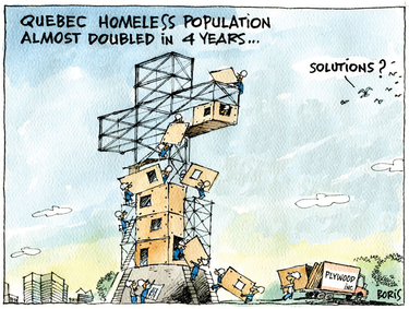 People are putting pieces of plywood over the frame of a cross in this cartoon. The word's "Quebec's homeless population doubled in four years" are at the top, and a nearby flock of birds are saying "solutions?"