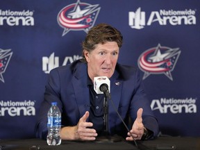 Mike Babcock has resigned as the head coach of the Columbus Blue Jackets. Babcock speaks to the media during an introductory press conference Saturday, July 1, 2023, in Columbus, Ohio.