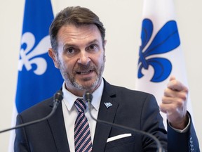 Quebec Public Security Minister François Bonnardel stands in front of fleur-de-lys flags.
