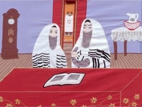 Two men lead Rosh Hashanah services. They are bearded and their heads are covered. One is holding a ram's horn. There is an open book on a table in front of them