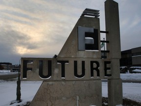 A stone monument outside Future Electronics has a stylized F and the word FUTURE