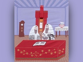 Two men lead Rosh Hashanah services. They are bearded and their heads are covered. One is holding a ram's horn. There is an open book on a table in front of them