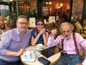 Chaki, right, is seen with his wife, Grace Aronoff, and Sal Guerrera in 2019 at the Parisian restaurant where Chaki and Aronoff fell in love.