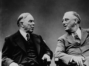 Prime Minister William Lyon Mackenzie King (left) and U.S. President Franklin D. Roosevelt meet at the Quebec Conference in Quebec City in August, 1943.