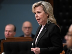 Quebec International Relations and Francophonie Minister Martine Biron responds to the Opposition during question period on April 26, 2023, at the legislature in Quebec City.