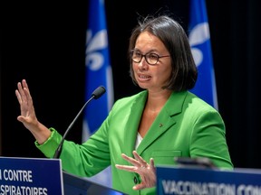 A doctor in a green blazer gestures during a press conference. There are Quebec flags behind her.