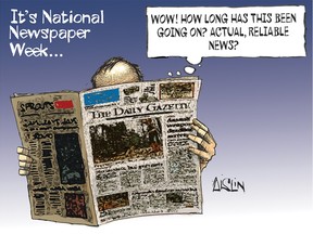 Aislin cartoon shows man reading a newspaper as part of National Newspaper Week.