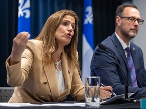 Higher Education Minister Pascale Déry gestures with her hand as she speaks alongside French Language Minister Jean-François Roberge. A glass of water is in front of her and Quebec flags are in the background.