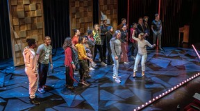 Tess Berger, who plays Carole King, and the rest of the cast of Beautiful: The Carole King Musical are seen in rehearsal at the Segal Centre in Montreal on Monday, Oct. 16, 2023.