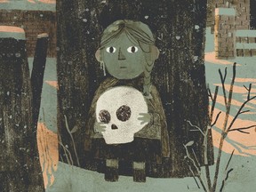 An illustration of a girl holding a skull in muted colours.