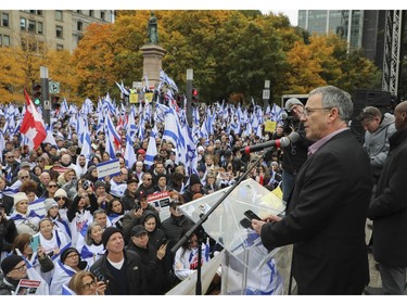 Paul Hirschson, Consul General for Israel for Quebec and Atlantic Canada speaks at a rally in Montreal on Sunday, Oct. 29, 2023, organized by Federation CJA that called for the release of hostages being held by Hamas and other groups in Gaza.