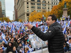 Mount Royal member of Parliament Anthony Housefather speaks at a rally Sunday, Oct. 29, 2023, that was organized by Federation CJA. The event message called for the release of hostages being held by Hamas and other groups in Gaza.