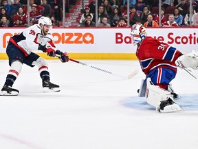 Washington Capitals' Anthony Mantha is stopped by Canadiens goaltender Jake Allen during the first period at the Bell Centre on Saturday, Oct. 21, 2023, in Montreal.