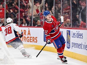 Canadiens' Cole Caufield celebrates his overtime goal against the Washington Capitals at the Bell Centre on Saturday, Oct. 21, 2023, in Montreal.
