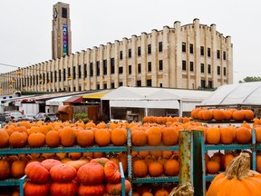 A large beige building is taking up the background of this photo while the foreground shows shelves full of bright orange pumpkins.