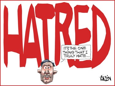 “HATRED” is spelled out in large red letters. In front of that, a man says, “It’s the one thing that I truly hate …”
