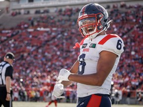Alouettes receiver screams with excitemnet after making a catch during a game in September.