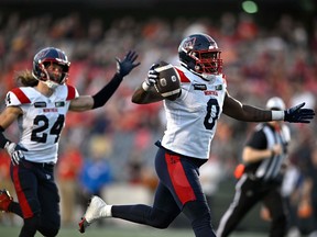 Alouettes defensive-end Shawn Lemon is seen waltzing into the endzone last week after recovering a fumble against Ottawa.
