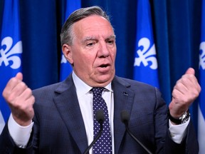Quebec Premier Francois Legault comments on the results of the byelection, Tuesday, October 3, 2023 at the legislature in Quebec City.