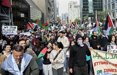 Protestors march down a street holding up signs calling for the liberation of Palestine