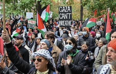 A crowd of protestors calls for the liberation of Palestine