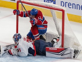 Canadiens' Brendan Gallagher (11) celebrates his goal over Washington Capitals goaltender Darcy Kuemper in Montreal on Saturday, Oct. 21, 2023.