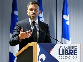 Parti Québécois Leader Paul St-Pierre Plamondon presents a Year One budget plan ifor an independent Quebec, in Quebec City, Monday, Oct. 23, 2023.