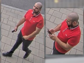 Two images from security footage show a man walking and using his cellphone.