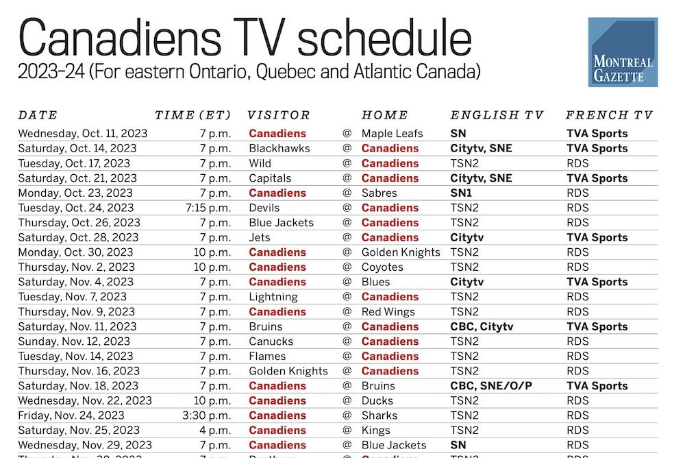 Screenshot of downloadable schedule page