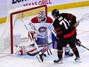 Ottawa Senators centre Ridly Greig scores on Montreal Canadiens goaltender Sam Montembeault in Ottawa on Saturday, Oct. 7, 2023.
