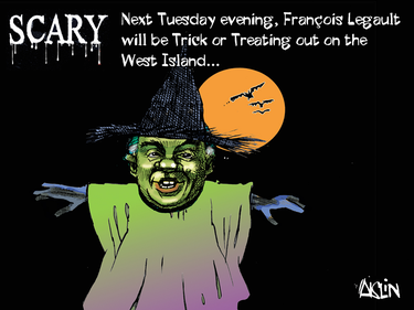 Cartoon of François Legault wearing a witches hat threatening to do the scariest thing possible and trick-or-treat on the West Island