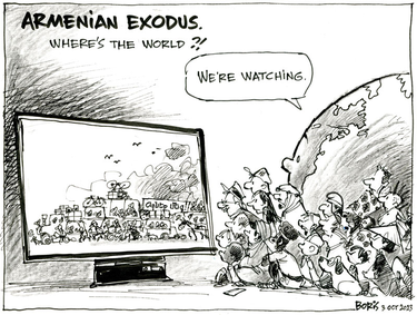 A cartoon of people watching the exodus of Armenians from Nagorno-Karabakh on TV with a headline "Armenian exodus: Where's the world?" The people respond, "We're watching."