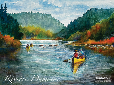 Painting of canoes going down a river between banks of foliage changing colour in the autumn