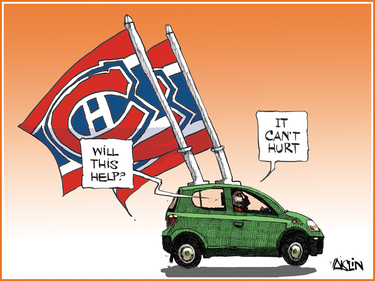 A cartoon of a car with two giant Montreal Canadiens flags on the roof. "Will this help," asks the passenger. "It can't hurt," responds the driver.