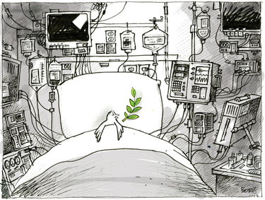 Cartoon of a dove in a hospital bed on life support