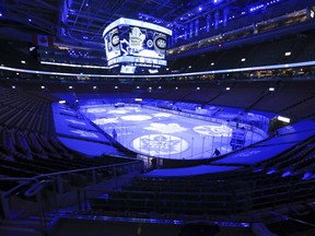 An empty Scotiabank Arena is seen before the Hasb-Leafs season opener during COVID restrictions in 2021.