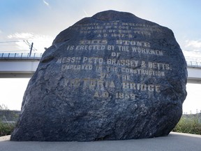 The Irish Commemorative Stone, known as The Black Rock, is seen Friday, Oct. 20, 2023 in Montreal. The monument commemorates the deaths from typhoid of 6,000 mostly Irish immigrants to Canada in 1847-48.