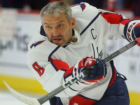 A close-up view of Capital's Alex Ovechkin in a shooting motion during pre-game warmup against the Senators this week.