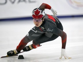 Courtney Sarault, of Canada, competes during the women's 1500 quarterfinals at a World Cup short track speedskating event at the Utah Olympic Oval, Friday, Nov. 4, 2022, in Kearns, Utah.&ampnbsp;After proving to herself she could win under those circumstances, the 23-year-old from Moncton, N.B., is hoping to carry that momentum as the International Skating Union World Cup season kicks off.