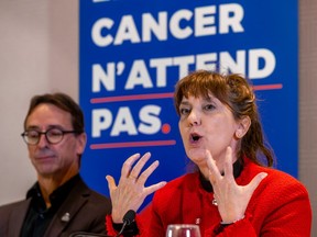 Marco Decelles, executive director of the Quebec Cancer Foundation, and Manon Pepin, president and CEO of the Cancer Research Society, left to right, at a news conference at the Sheraton Hotel in Montreal on Thursday, Oct. 12, 2023 about the current state of cancer care in Quebec.