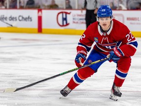 Canadiens Cole Caufield is seen in a defensive position on Bell Centre ice.