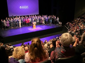 People gather at Bishop University in Lennoxville on Tuesday, October 31, 2023. University and community leaders voiced opposition to the Quebec government's tuition plan.