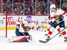 The puck is visible in the net behind the Florida Panthers goaltender