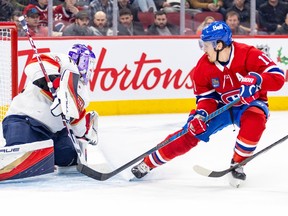 Montreal Canadiens' Brendan Gallagher brakes with his skates in front of the Panthers goaltender