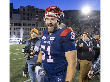 Alouettes offensive lineman Kristian Matte celebrates following Canadian Football League East Division semifinal playoff game against the Hamilton Tiger-Cats in Montreal on Saturday, Nov. 4, 2023.