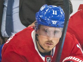 Canadiens' Brendan Gallagher sits ont eh team's bench during game Tuesday night at the Bell Centre.