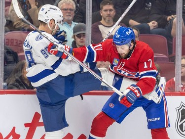 Canadiens' Josh Anderson checks Tampa Bay Lightning defenceman Mikhail Sergachev