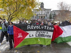 Pro-Palestinian protesters gather on McGill’s campus Thursday, Nov. 9, 2023.